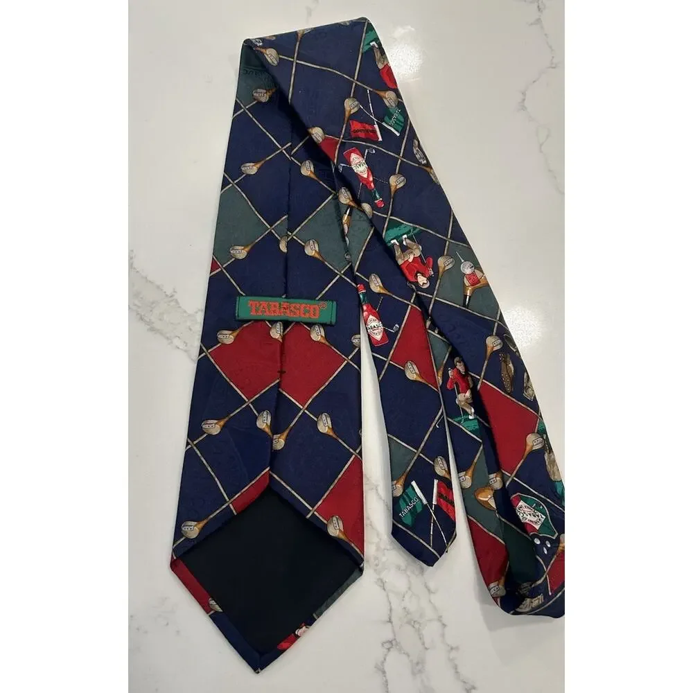 Vtg Tabasco Men’s Tie 3.75” Navy Argyle Hot Sauce Golfer Club Balls Fore Fairway